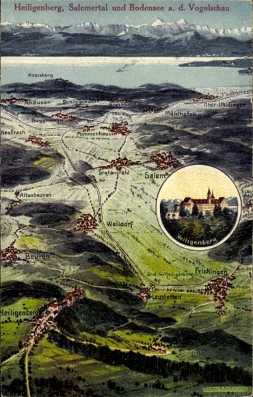 Landkarten Ak Felle, Eugen, Heiligenberg, Salemertal und Bodensee aus der Vogelschau