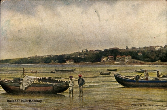 Ak Mumbai Bombay Indien, Malabar Hill,  Boote am Strand, Kinder, Landschaft