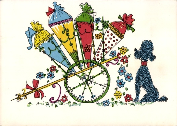 Künstler Ak Glückwunsch Schulanfang, Zuckertüten, Pudel