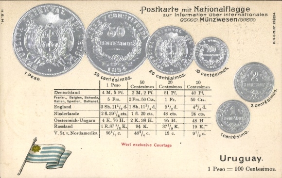 Präge Ak Uruguay, Münzen, Peso, Centesimos, Nationalflagge