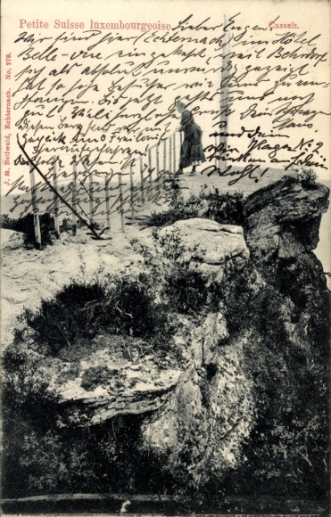 Ak Kohlscheuer Felsen bei Echternach Luxemburg, Petite Suisse luxembourgeoise, Felsen, Treppe, Pe