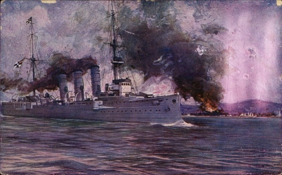 Künstler Ak Schultz, Deutsches Kriegsschiff, SMS Emden, Golf von Bengalen, Schlachtszene, I WK