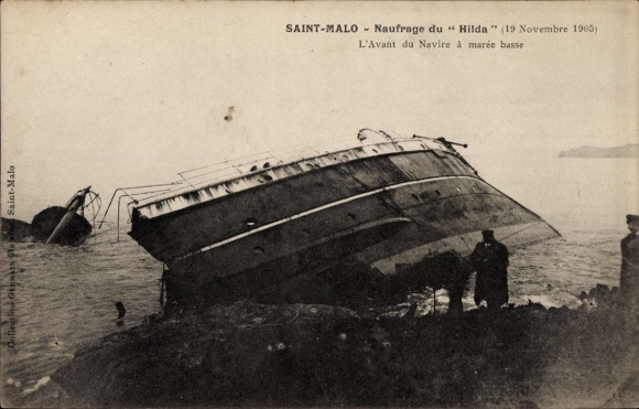CPA Saint-Malo, Naufrage du Hilda, 19 Novembre 1905, L'Avant du Navire à marée basse