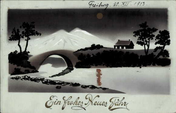 Handgemalt Ak Neujahr, Landschaft mit Brücke, Bergkette