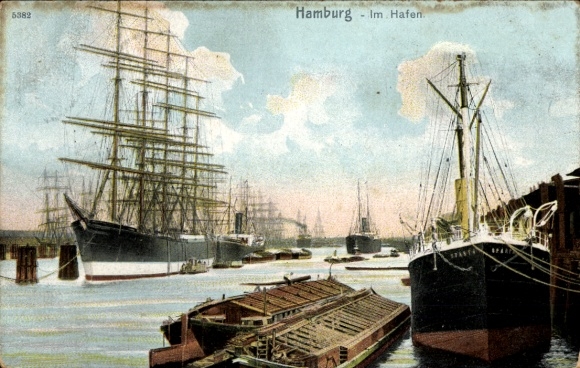 Ak Hamburg Harburg, Im Hafen, Schiffe, Segel, Boote, Elbe, Fünfmaster