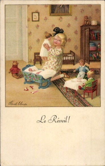 Künstler Ak Ebner, Pauli, Mütterchens Freuden, Mädchen mit Puppe, Teddy