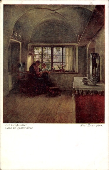 Künstler Ak Zewy, Karl, Bei Großmutter