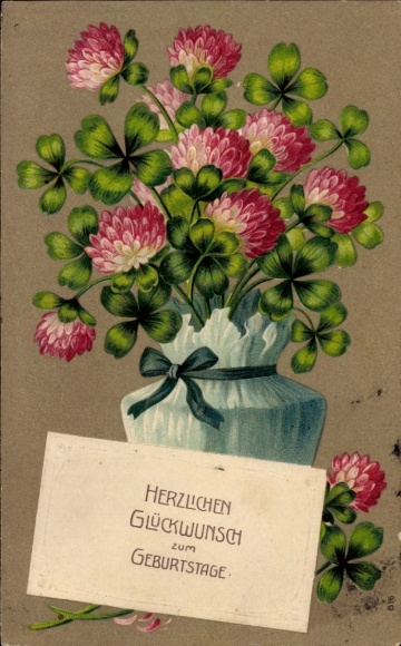 Litho Glückwunsch Geburtstag, Blumen, Klee