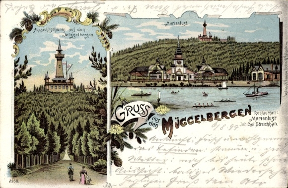 Litho Berlin Köpenick, Müggelberge, Aussichtsturm, Restaurant Marienlust, Müggelturm