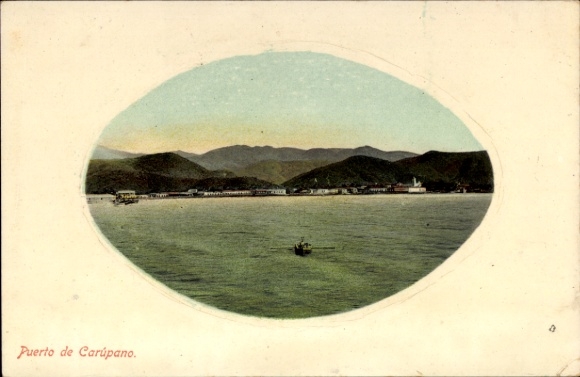 Ak Carúpano Venezuela, Hafen vom Wasser aus gesehen, Ort, Berge