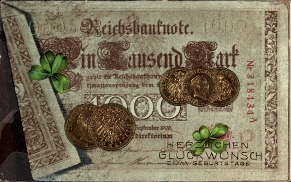 Präge Ak Glückwunsch Neujahr, Reichsbanknote, Münzen, Glücksklee