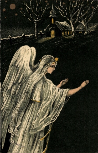 Präge Ak Engel, Kirche, Nacht, Mond