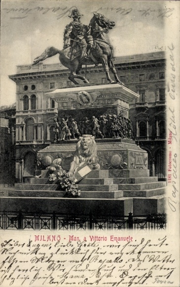 Ak Milano Mailand Lombardia, Reiterstatue, Löwe, Blumen,  Vittorio Emanuele