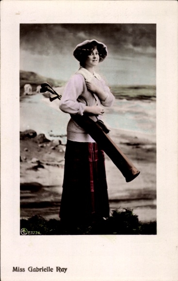 Ak Schauspielerin Gabrielle Ray, Standportrait mit Golfausrüstung