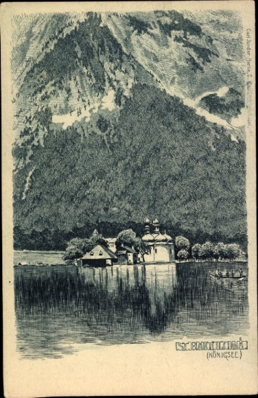 Künstler Ak Sankt Bartholomä Schönau am Königssee, Gesamtansicht