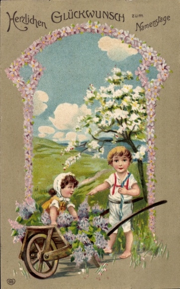 Präge Passepartout Litho Glückwunsch Namenstag, Kinder, Blumen