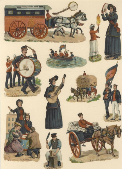 11 Oblaten Berufe, u.a. Kutscher, Bauer, Trommler, ca. 10 x 6 cm bis 6 x 3 cm