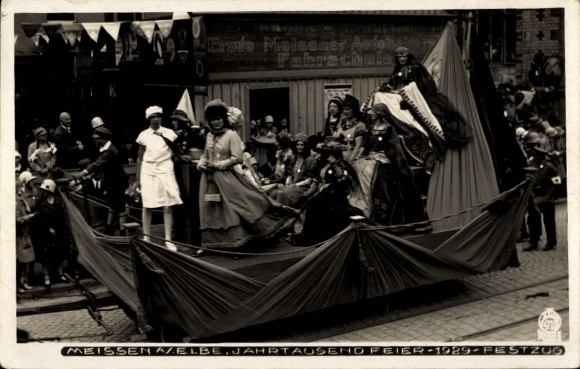Ak Meißen an der Elbe, Jahrtausendfeuer 1929, Festzug, geschmückter Festwagen