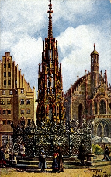 Künstler Ak Sollmann, Nürnberg in Mittelfranken, Schöner Brunnen, Frauenkirche