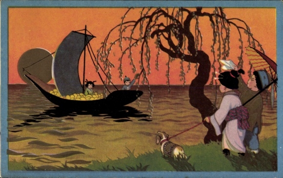 Künstler Ak Asiatische Kinder am Ufer, Boot auf dem Wasser, Schirm, Hund