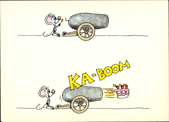 Künstler Ak Ka-Boom, Maus schießt Torte aus einer Kanone