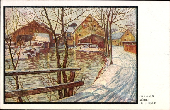 Künstler Ak Osswald, Mühle im Schnee