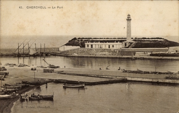 Ak Cherchell Algerien, Hafen, Leuchtturm