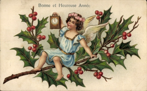 Präge Ak Glückwunsch Neujahr, Engel, Stechpalme, Uhr