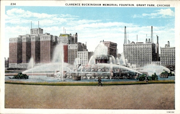 Ak Chicago Illinois USA, Brunnen, Wasserfontänen, Gebäude,  Grant Park