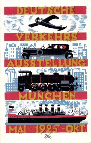 Künstler Ak München Bayern, Deutsche Verkehrsausstellung 1925, Dampflok, Flugzeug, Auto