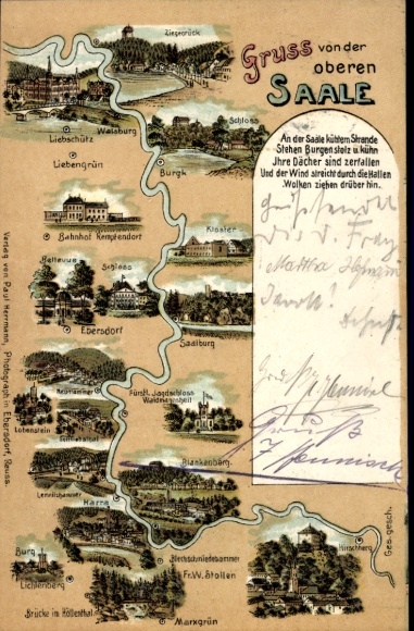 Landkarten Ak Tal der oberen Saale, Saalburg, Ebersdorf, Burgk, Liebschütz, Ziegenrück, Lobenstein