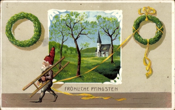 Ak Glückwunsch Pfingsten, Zwerg, Leiter, Baum, Kranz