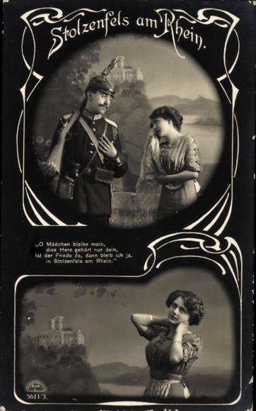 Ak Stolzenfels Koblenz am Rhein, O Mädchen, bleibe mein, Soldatenliebe