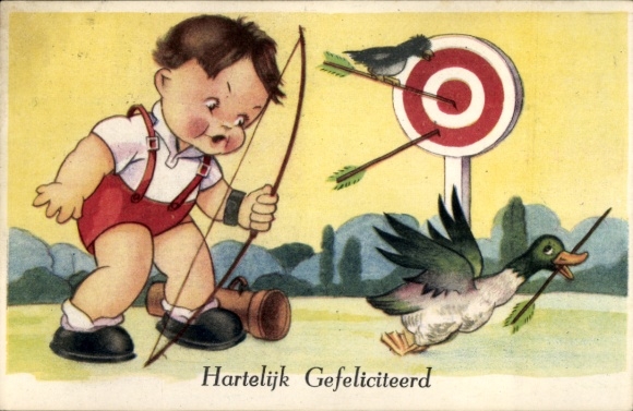 Ak Glückwunsch Geburtstag, Junge beim Bogenschießen, Ente klaut den Pfeil