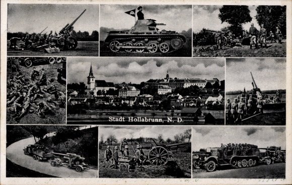 Ak Hollabrunn in Niederösterreich, Stadtansicht, Wehrmacht, Panzer, Geschütze, Flak