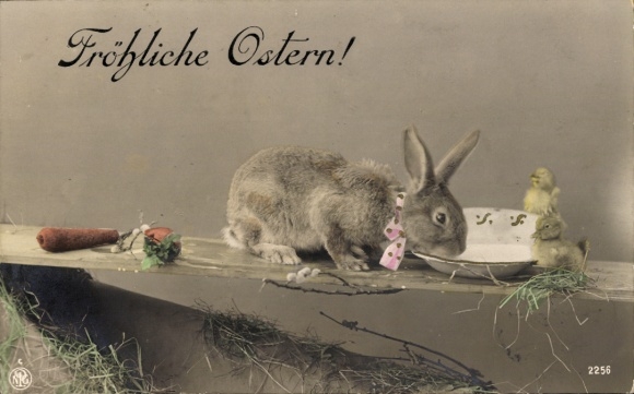 Ak Glückwunsch Ostern, Osterhase, Küken, Schale