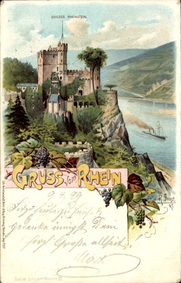 Künstler Litho Joost, R., Trechtingshausen, Schloss Rheinstein, Fluss, Dampfer