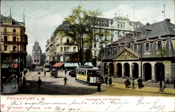 Ak Frankfurt am Main,  Hauptwache, Steinweg, Straßenbahn, Bäume, Gebäude