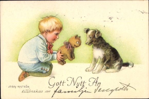 Künstler Ak Nyström, Jenny, Neujahr, Junge mit Teddy, Hund