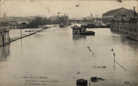 CPA Saint Denis Seine Saint Denis, Crue de la Seine 1910, Vue sur le Canal