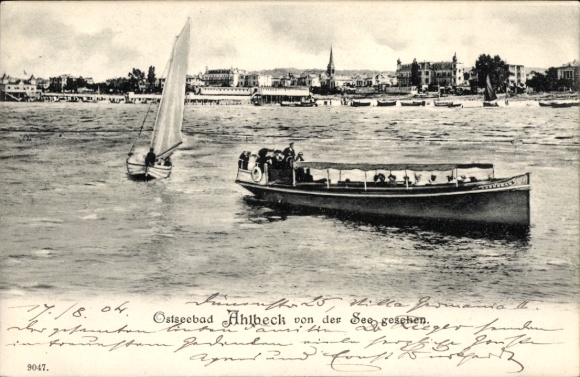 Ak Ostseebad Ahlbeck auf Usedom, Ostseebad  Segelboot, Dampfer, Küstenansicht