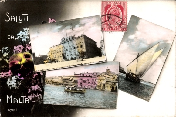 Passepartout Ak Malta, Teilansichten, Segelboot