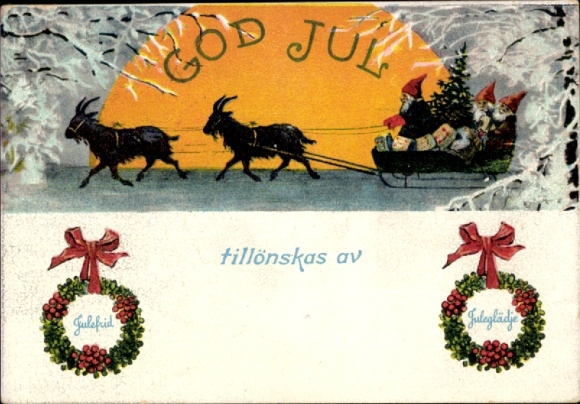 Künstler Ak Nyström, Jenny, Frohe Weihnachten, Zwerge in einem Schlitten, Ziegenböcke