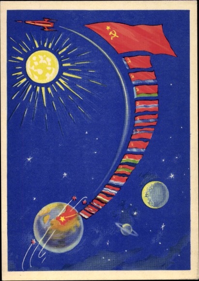 Künstler Ak Sowjetische Raumfahrt, Januar 1959, Mondsonde Lunik 1