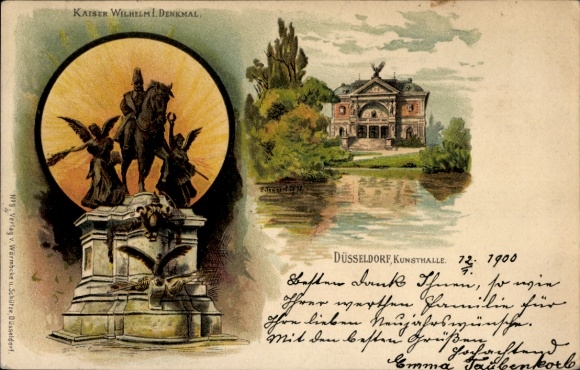 Litho Düsseldorf am Rhein, Kaiser Wilhelm I.-Denkmal, Kunsthalle