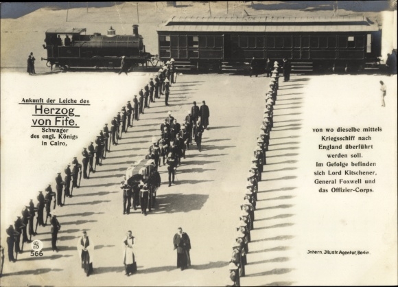 Ak Cairo Kairo Ägypten, Ankunft der Leiche des Herzog von Fife, Lord Kitchener, Dampflok