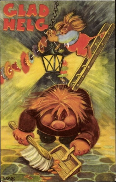 Künstler Ak Geerd, Fröhliche Feiertage, schwedische Trolle beim Schmücken und Putzen