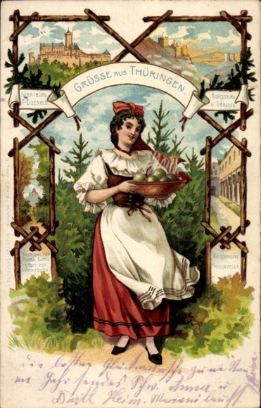 Litho Lutherstadt Eisenach in Thüringen, Wartburg, Rudelsburg, Frau in Tracht