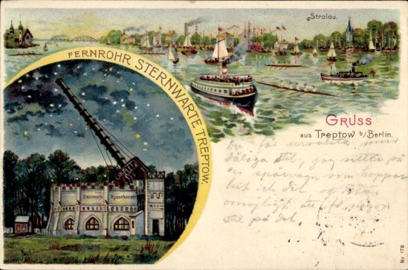 Litho Berlin Treptow, Sternwarte mit Fernrohr bei Nacht, Bootsparte bei Stralau