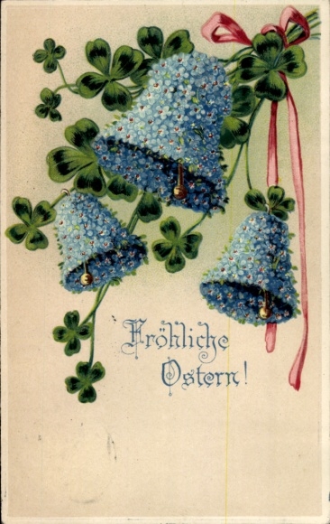 Litho Glückwunsch Ostern, Glücksklee, Glocken
